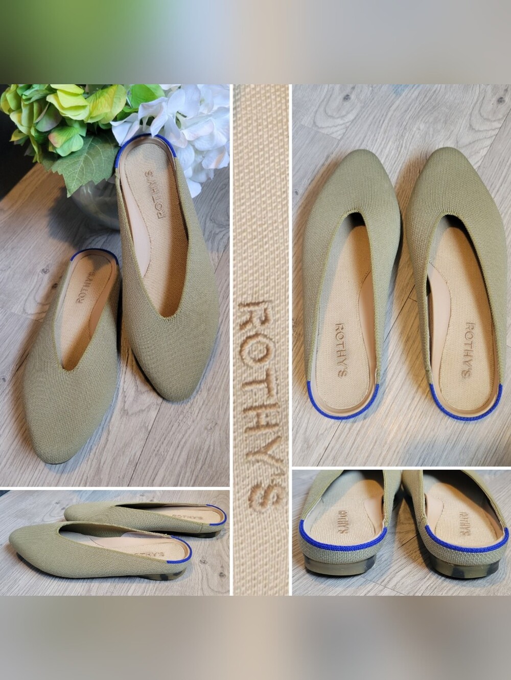 Rothy's Almond Demi Mules Cedar Sage Green & Leopard Soles, Women's US 7, EU 37